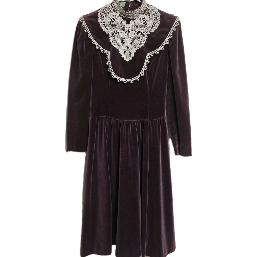 Vintage Gunne Sax Velvet Prairie Dress Deep Burgundy Lace Trim‎ Size 5